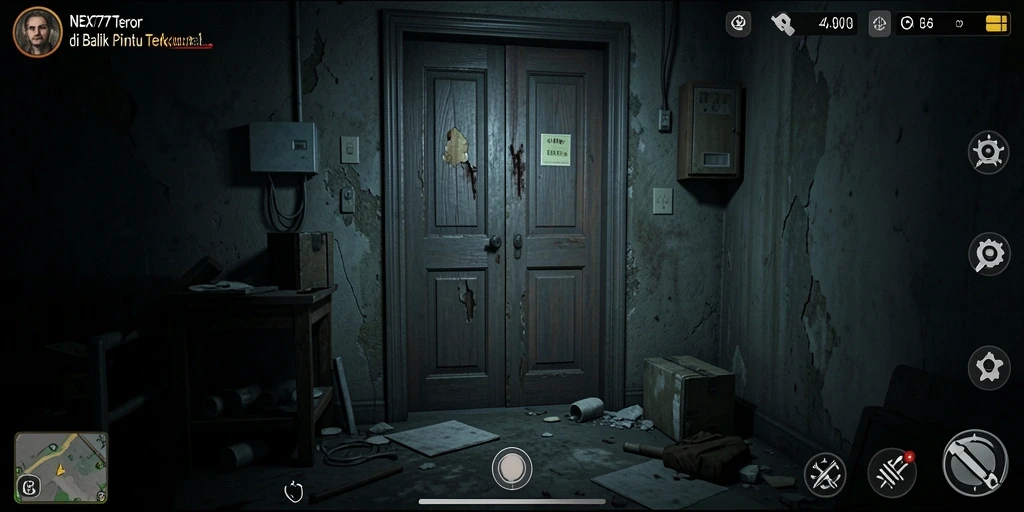 Screenshot gameplay NEX777 menunjukkan suasana horor yang mencekam dan menegangkan.
