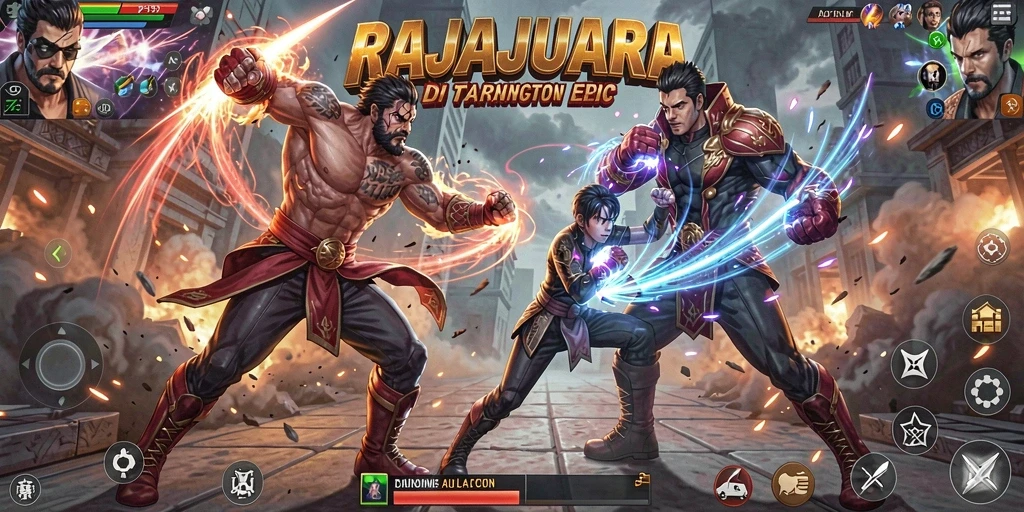 Tangkapan layar gameplay RAJAJUARA menunjukkan pertarungan seru dan grafis yang menawan.