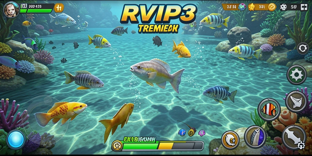 Screenshot gameplay RVIP3 menampilkan aksi memancing seru dan ikan berwarna-warni.
